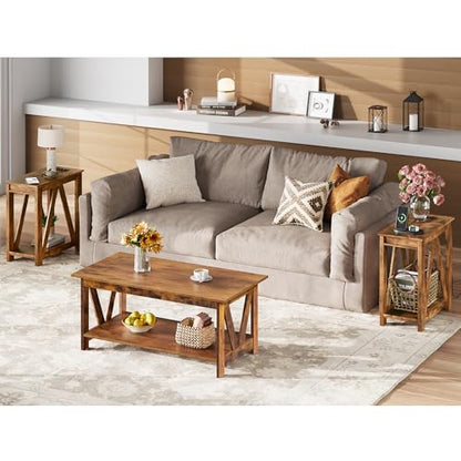 End Tables Living Room Set of 2 with Charging Station, Sofa Side Tables with Open Storage Shelf, Slim Farmhouse End Table Sets, Greige