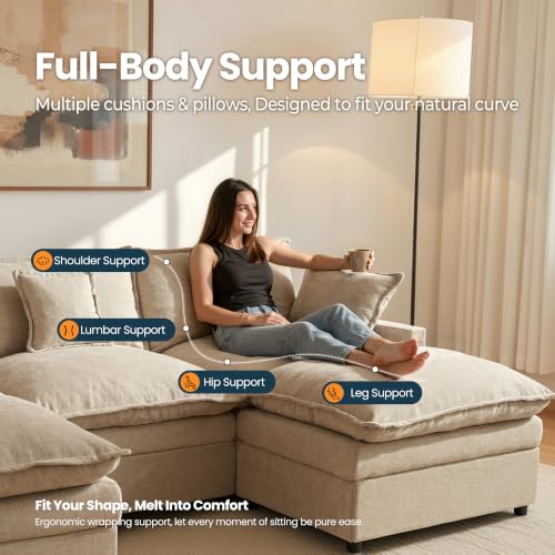 108'' U Shaped Cloud Couch, 3-Seater Sofa with 2 Ottoman, Oatmeal, view 5
