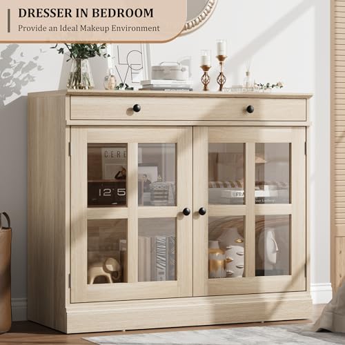 35.4 in Sideboard Buffet Cabinets with Glass Door, Buffet Cabinet with Storage, Oak Sideboard Cabinet with Drawer, Modern Buffets & Sideboards for Dining Room, Kitchen
