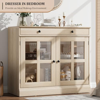 35.4 in Sideboard Buffet Cabinets with Glass Door, Buffet Cabinet with Storage, Oak Sideboard Cabinet with Drawer, Modern Buffets & Sideboards for Dining Room, Kitchen