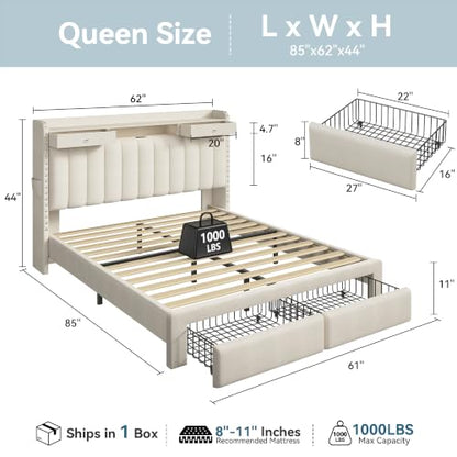 Queen Bed Frame with 2-Tier Storage Headboard and 4 Drawers, Linen Fabric, view 3