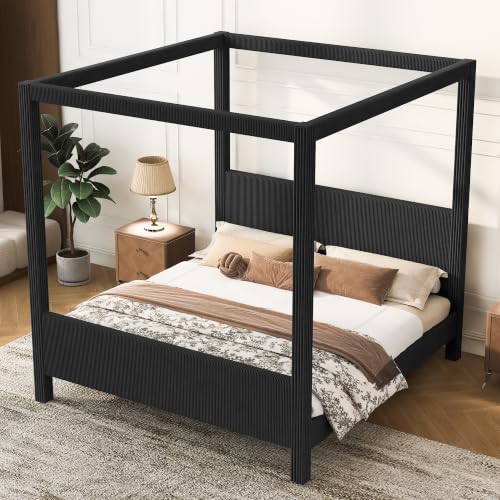 Queen Size Upholstered Canopy Bed with Padded Headboard & Footboard, Black, view 5