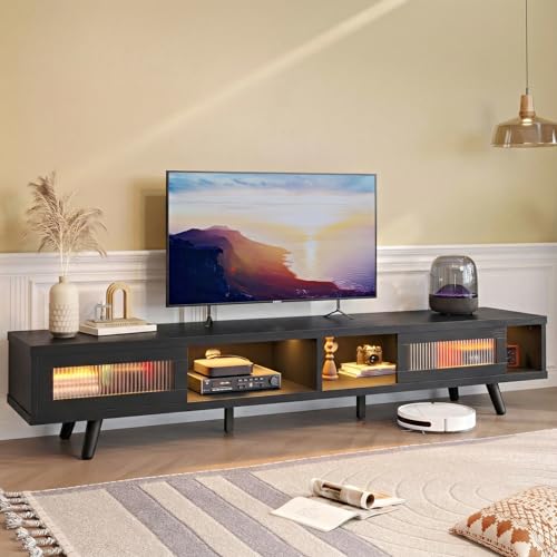 Mid Century Modern 75 Inch LED TV Stand with Sliding Doors, Black, view 6