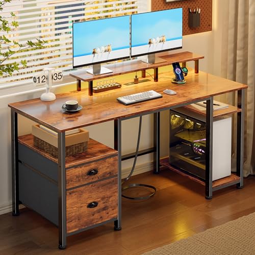 51" Computer Desk with Power Outlet and LED Lights, Reversible Home Office Desk with File Cabinet & Monitor Stand, Large Gaming Table with Storage Shelves & Drawer, Rustic Brown
