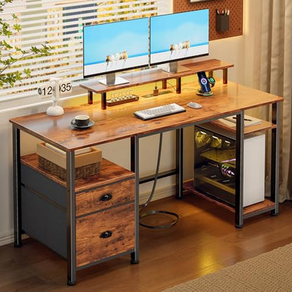 51" Computer Desk with Power Outlet and LED Lights, Reversible Home Office Desk with File Cabinet & Monitor Stand, Large Gaming Table with Storage Shelves & Drawer, Rustic Brown