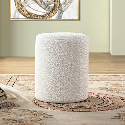 Modern Round Ottoman with Soft Padded Seat – Multifunctional Vanity Chair, Upholstered Footrest Stool for Living Room and Bedroom, Furniture & Décor Store (White)