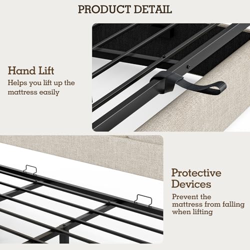 King Bed Frame with Hydraulic Gas Lift Up Storage, Linen Upholstered, view 7
