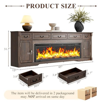 95" Fireplace Farmhouse TV Stand with 60" Electric Fireplace w Remote,Brown, view 3