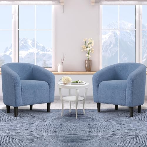 Yaheetech Barrel Chairs, Furry Accent Chairs with Soft Padded Armrest for Living Room Bedroom Waiting Room Office, Set of 2, Blue