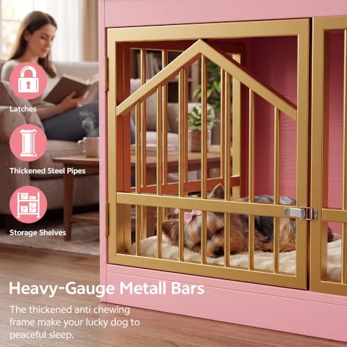 Dog Crate Furniture, Wooden Dog Kennel for Small Breed, Pink, view 6