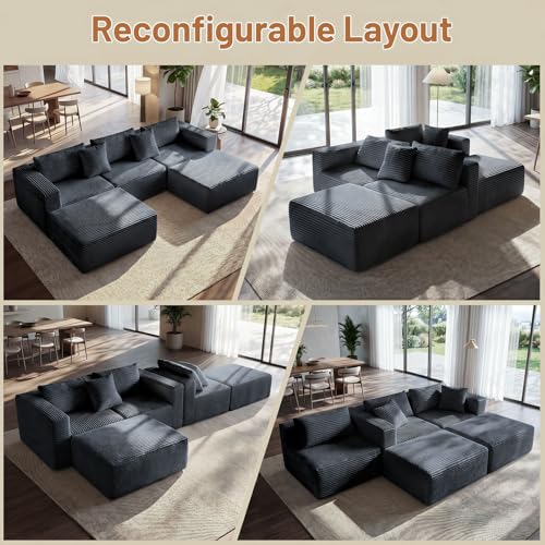 110" Modular Sectional Boneless Sofa with 2 Ottomans, U Shaped Cloud Couch for Living Room, Deep Seat Corduroy Floor Sofa, No Assembly Required, Compressed Couch, 5 Seat, Grey