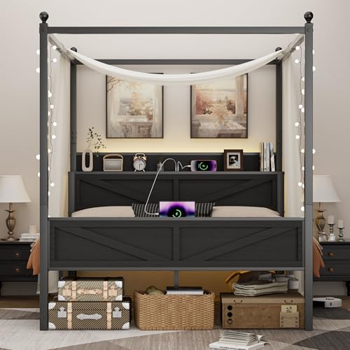 Canopy Bed Frame Queen Size with Barn Storage Headboard, Black‌, view 6