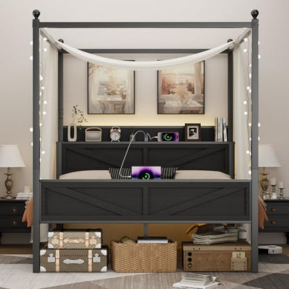 Canopy Bed Frame Queen Size with Barn Storage Headboard, Black‌, view 6