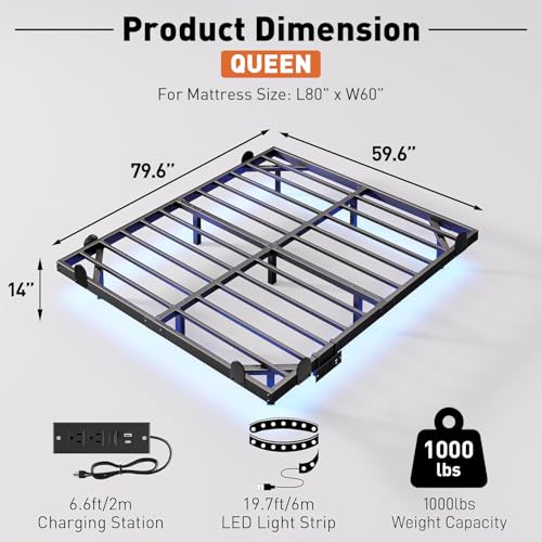 Floating Bed Frame Queen with LED Lights and Charging Station, view 3