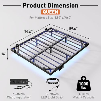 Floating Bed Frame Queen with LED Lights and Charging Station, view 3