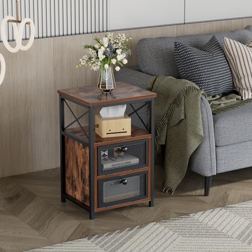 End Side Table, Modern Night Stand with Storage Space and Door, Set of 2 Nightstands for Living Room,Bedroom,Lounge,Antique Brown