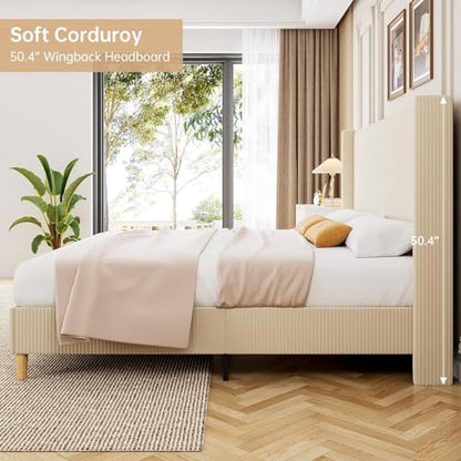 Upholstered King Size Bed Frame with Headboard, Beige, view 6