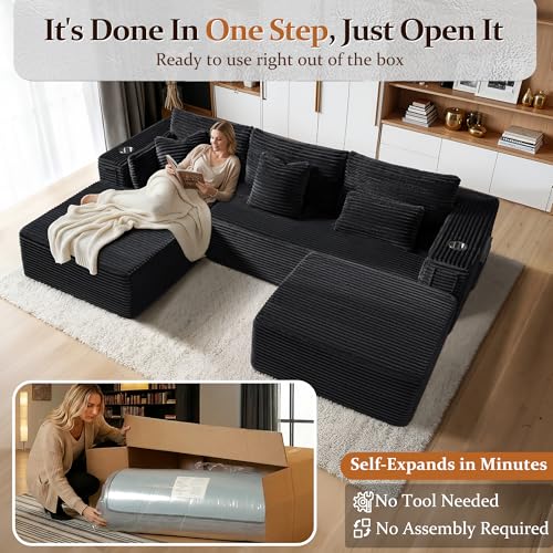 108" Oversized Cloud Sectional Couch, Comfort U Shaped Boneless Couch for Living Room, Extra Deep Seats No Assembly, Modular Sofa, Corduroy (Black, 2 Seater + Left Facing Chaise + Ottoman)
