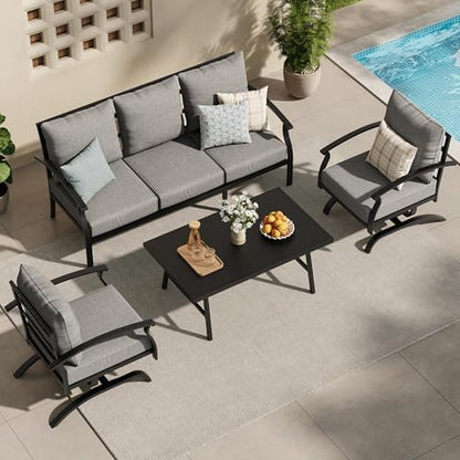 4 Piece Patio Furniture Set,Outdoor Metal Patio Furniture with Coffee Table & Rocking Chairs Conversation Set for Porch,Backyard,Poolside, Garden-Grey