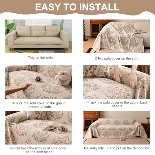 Bohemian Baroque Pattern Couch Cover Washable Chenille Beige Taupe Damask Design Sofa Slip Cover for 2 Cushion Couch Living Room Classic Decorative Furniture Protector 71" x 118"
