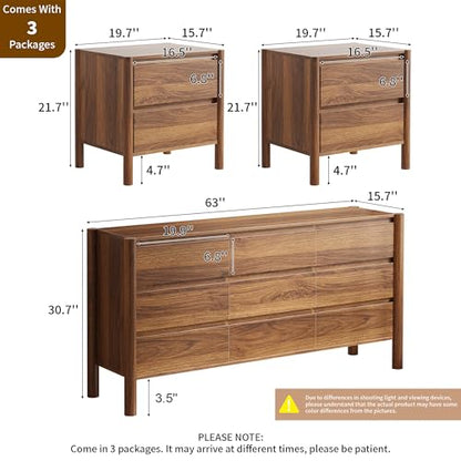 3-Piece Bedroom Dresser Set-9 Drawer Dresser & 2 Nightstands,63" Wide Walnurt Dresser and Night Stands with Solid Wood Cylindrical Legs,Rustic Wooden Storage for Bedroom