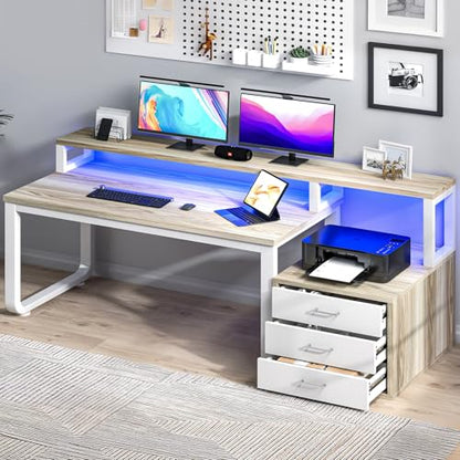 67" Home Office Desk with 3 Drawers and LED Lights, Walnut, view 2