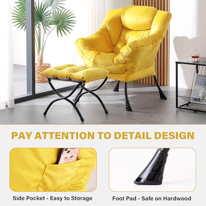 Lazy Chair with Ottoman, Yellow Modern Large Accent Armchair, Comfy Leisure Sofa Reading Chair with Footrest for Bedroom, Living Room, Dorm Rooms, Garden, Velvet Yellow