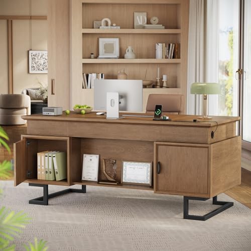 63" W x 27.6" D Executive Desk with 2 Cabinets & Power Outlet, view 3