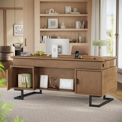 63" W x 27.6" D Executive Desk with 2 Cabinets & Power Outlet, view 3