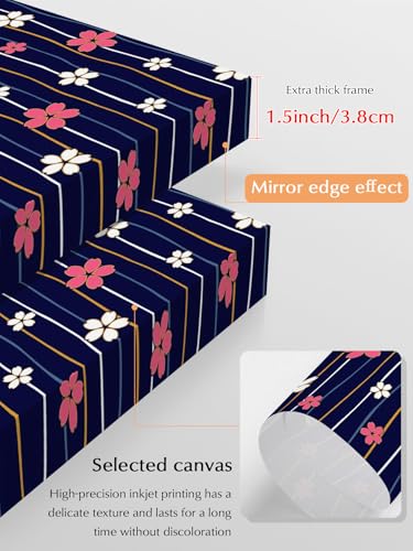 NuYeBiofx Japanese Cherry Blossoms Canvas Wall Art Prints,48"x32" Framed Picture Artwork Striped Blue Background Printed Canvas Oil Painting for Living Room Bedroom Office,Ready to Hang