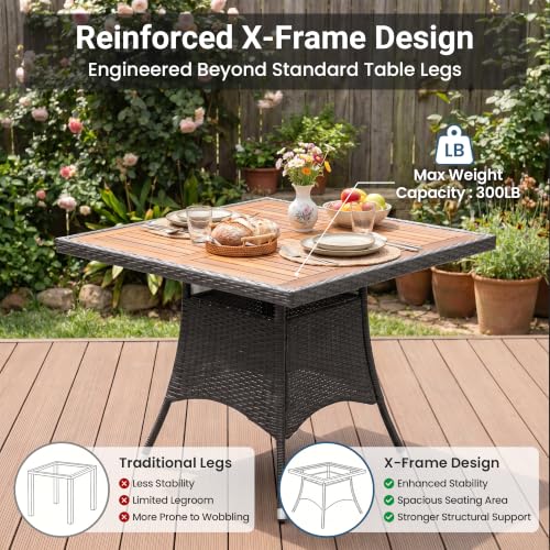 5-Pieces Patio Table and Chairs Set, Rattan Patio Table Set with Acacia Wood Tabletop, Patio Outdoor Dining Set for 4, Patio Furniture Set with Cushions for Deck Garden Backyard, Grey