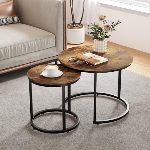 Nesting Coffee Table Set of 2, 23.6" Round Coffee Table Rustic Wood Top with Adjustable Non-Slip Feet, Industrial End Table Side Tables for Living Room Bedroom Balcony Yard