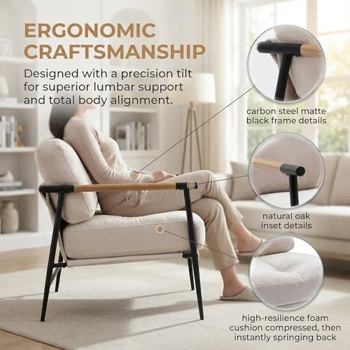 Mid-Century Modern Accent Chairs Set of 2 - Soft Linen Upholstered Lounge Reading Chair for Bedroom - Comfy Lightweight Livinig Room Chairs - Beige