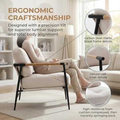Mid-Century Modern Accent Chairs Set of 2 - Soft Linen Upholstered Lounge Reading Chair for Bedroom - Comfy Lightweight Livinig Room Chairs - Beige