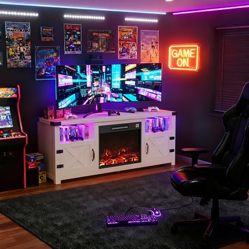 LED Entertainment Center with Fireplace, Fireplace TV Stand with Storage Cabinets and 2 Open Shelves, Modern Media TV Console for Living Room (White)