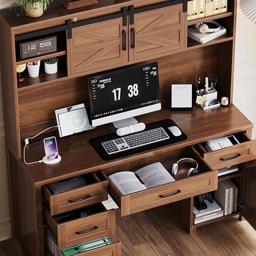 Farmhouse Executive Desk with Hutch and Charging Station, Walnut, view 5