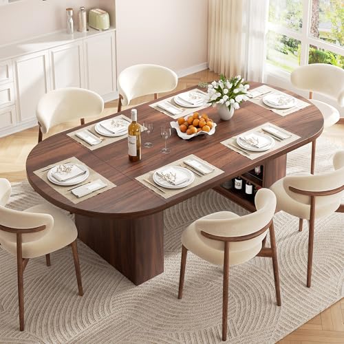 78.7" Dining Table for 6-10 People, Oval Dining Room Table with 3-Tier Storage Shelf, Modern Wood Kitchen Tables with Heavy Duty Pedestal Base for Home, Dining Room, Walnut