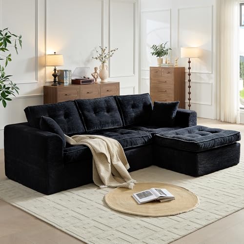 Cloud Couches for Living Room, Modern Modular Sectional Sofa with L-Shape Chaise, Boneless Couch with Deep Seat, Plush Corduroy, No Assembly Required (Black)