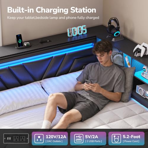 Queen Corner Bed Frame with Storage Bookcase,4 Drawers & Charging Station, view 6
