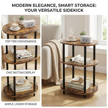 Small Rattan Side Table with Storage, 3 Tier Round/Oval End Table with Rattan Shelf, Boho Nightstand, Tool Free Assembly/Screw-Hole Free Tabletop-Living Room Bedroom-Brown