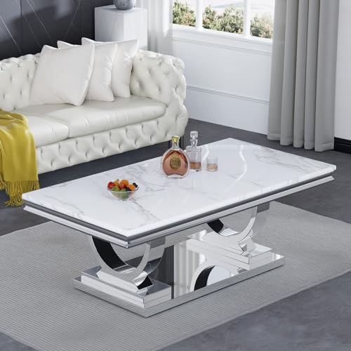 Modern Marble Coffee Table, Rectangular White and Silver with U-Shape Stainless Steel Base with Silver Mirrored Finish for Living Room, Simple Assembly (Silver3)