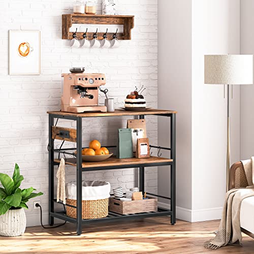 Kitchen Island with Storage, Kitchen Island Table with Power Outlet, 35.4" L 3 Tier Coffee Station and Microwave Stand, for Home, Dining Room, Rustic Brown and Black BF021ZD01