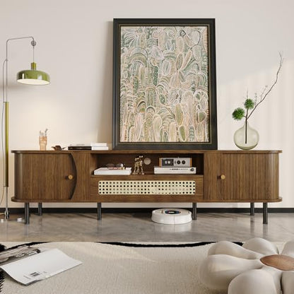 71" Fluted TV Stand with Sliding Doors, TV Consoles for Living Room, Walnut, view 2