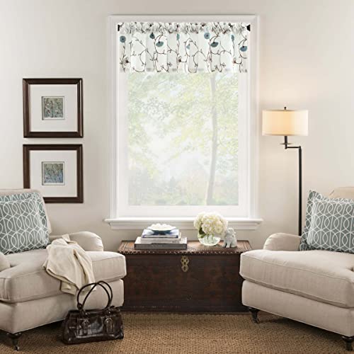 Blue Floral Embroidered Kitchen Valance, 52 x 14 Inches