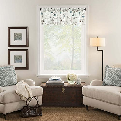 Blue Floral Embroidered Kitchen Valance, 52 x 14 Inches