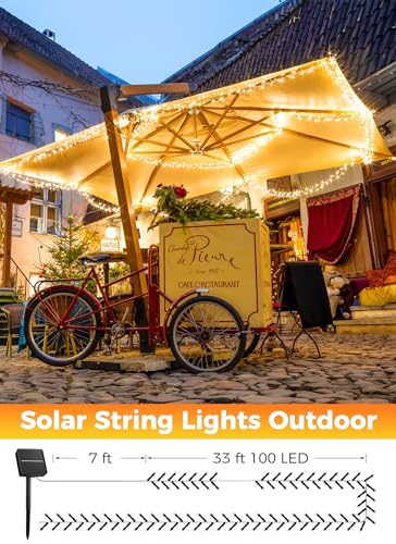 Solar String Lights Outdoor Waterproof- 40 FT 100 LED Solar Powered String Lights with 8 Lighting Modes, IP65 Waterproof Solar Christmas Lights for Outdoor Outside Tree Party Decor, Warm White