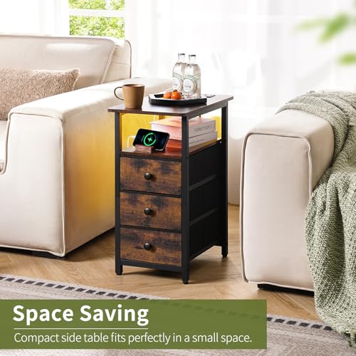 End Table with Charging Station, LED Narrow Side Table Bedside Table, Small Night Stand End Tables Living Room, Skinny Nightstand with 3 Fabric Drawers, Side Tables Bedroom for Small Spaces
