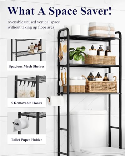 Over Toilet Storage Rack, 63.2" H Space-Saving, Holder & Hooks, view 5