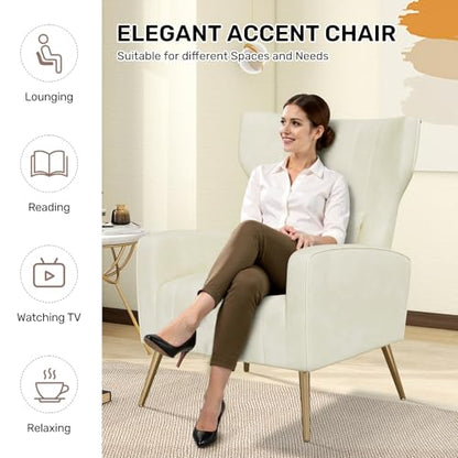 Velvet Accent Chair Wingback for Living Room, High Back Arm Chair with Golden Legs Lumbar Pillow, Upholstered Single Sofa Bedroom Beige