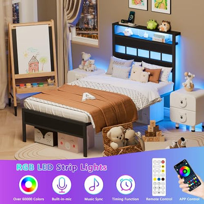 Twin Bed Frames with Charging Station and LED Lights, Black Oak, view 4